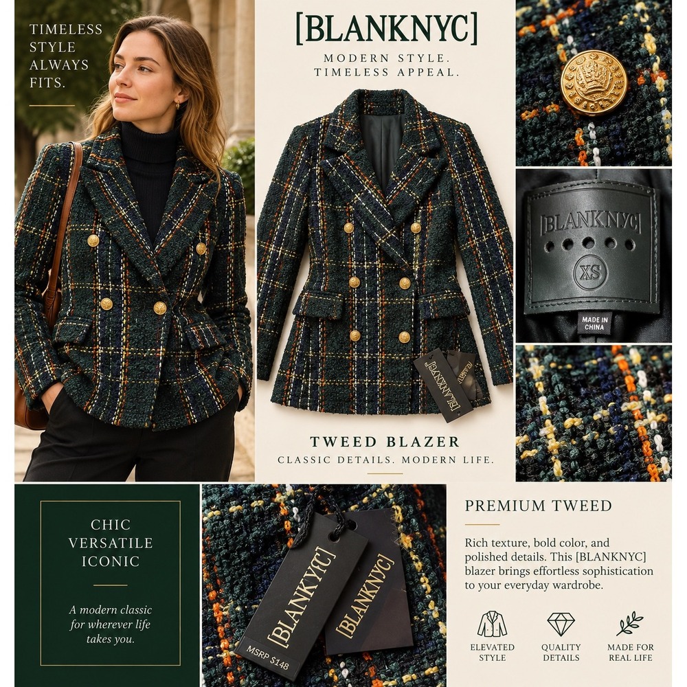 BlankNYC Womens Green Plaid Tweed Double Breasted Blazer Gold Crest Buttons XS